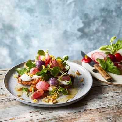 Roasted radish & goats’ cheese bruschetta with watercress