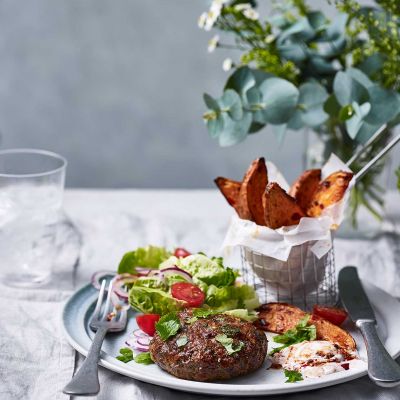 Spicy lamb patties and sweet potato wedges