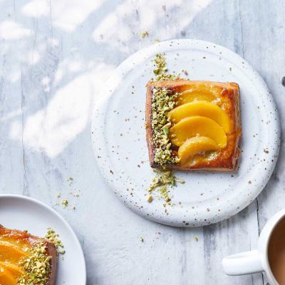 Peach, pistachio and honey Danish pastries
