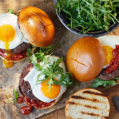 Brunch burger with bacon ketchup