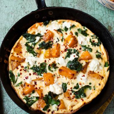 Pumpkin, kale and goats’ cheese frittata