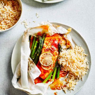 Harissa salmon parcels with coconut rice