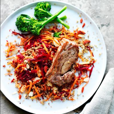 Lamb steaks with beetroot, carrot and almond quinoa salad