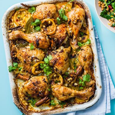 Spiced chicken traybake with spinach and lentils
