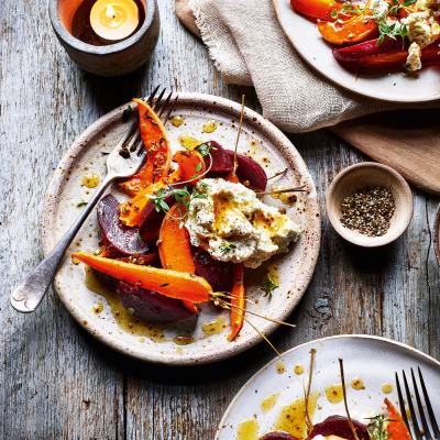 Honey-roasted winter veg with lemon ricotta