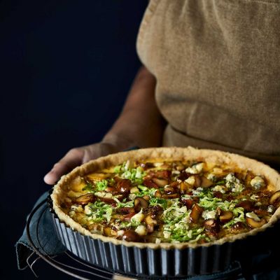 Brussels sprout, chestnut and bacon tart