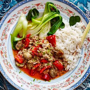 Thai turkey mince with aromatic rice and wilted greens