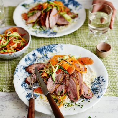 Pan-fried duck with soft herb and grapefruit slaw
