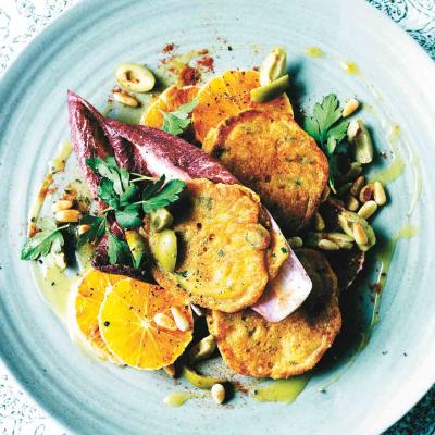 Manchego fritters with Seville orange dressing