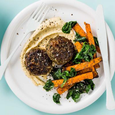 Spiced lamb patties with honey-roast butternut chips