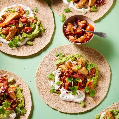 Chicken fajitas with jalapeno salsa and avocado