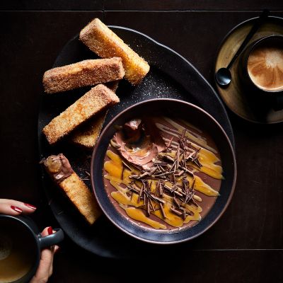 Chocolate salted caramel dessert with French toast dippers
