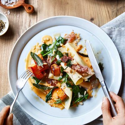 Open lasagne with roasted squash, crispy prosciutto and amaretti