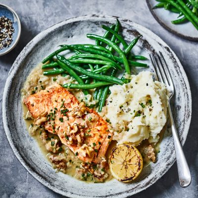 Salmon with ginger, lemon & walnut sauce from California Walnuts