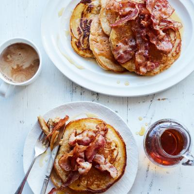 Buttermilk cinnamon pancakes with crispy bacon