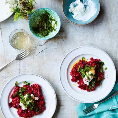 Beetroot and goats' cheese risotto with mint gremolata