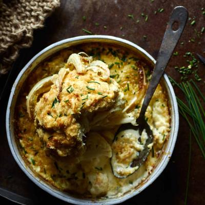 Cheddar and mustard whole roasted cauliflower