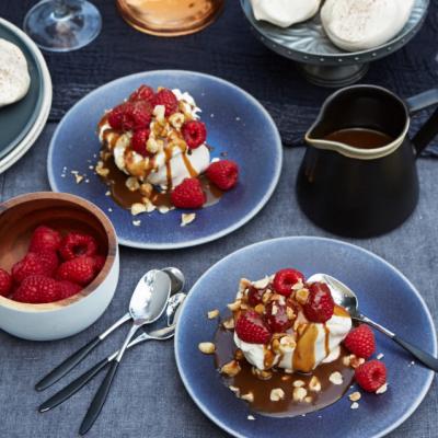 John Whaite's meringues with hazelnuts, butterscotch and raspberries
