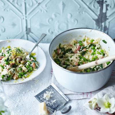 Spring vegetable and pancetta risotto