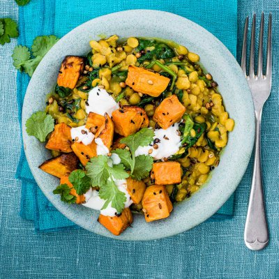 Spinach and split pea dhal with roasted sweet potato