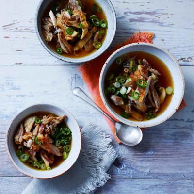 Pulled chicken and shiitake mushroom broth
