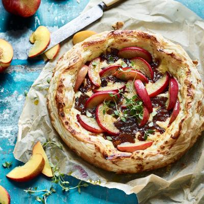Nectarine, goats' cheese and caramelised onion galette