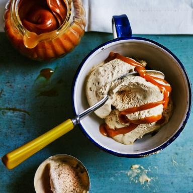 Spiced Guinness ice cream with salted caramel drizzle