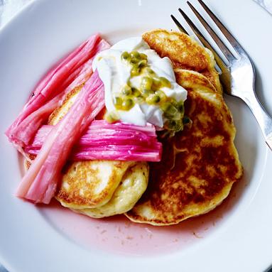 Ricotta pancakes with roasted rhubarb and passion fruit