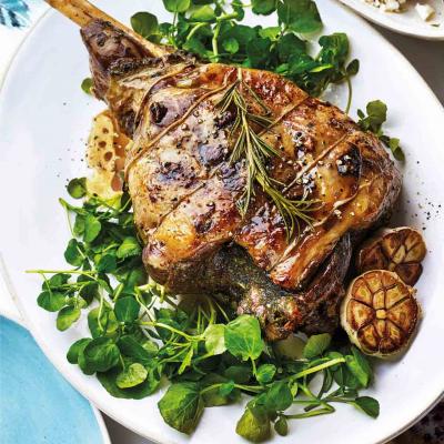 Slow-roast lamb leg with watercress, anchovy and capers