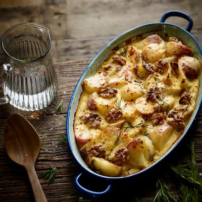 Cheesy turnip and walnut gratin