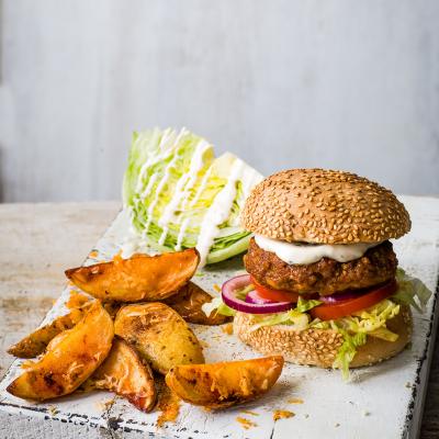Smoky pork burger and wedges