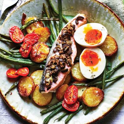 Roasted salmon Niçoise with soft-boiled eggs