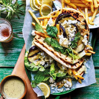 Barbecued aubergine, pesto & feta gyros