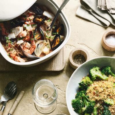 Southern Italian fish stew with broccoli pangrattato
