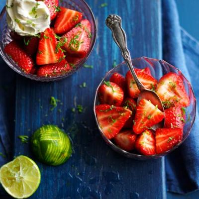 Lime and mint marinated strawberries with rum and coconut cream