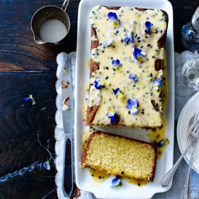 White chocolate loaf cake with passion fruit drizzle