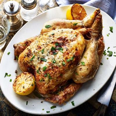 Roast chicken stuffed with lemony goats’ cheese and tarragon