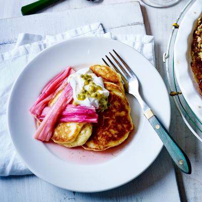 Ricotta pancakes with roasted rhubarb and passion fruit