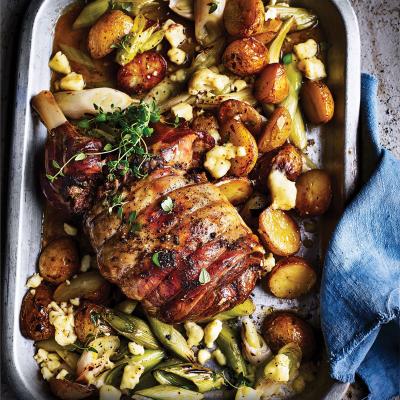 Spring roast lamb with leeks and Caerphilly