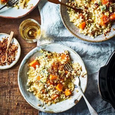 Slow-cooked pearl barley risotto with blue cheese and squash