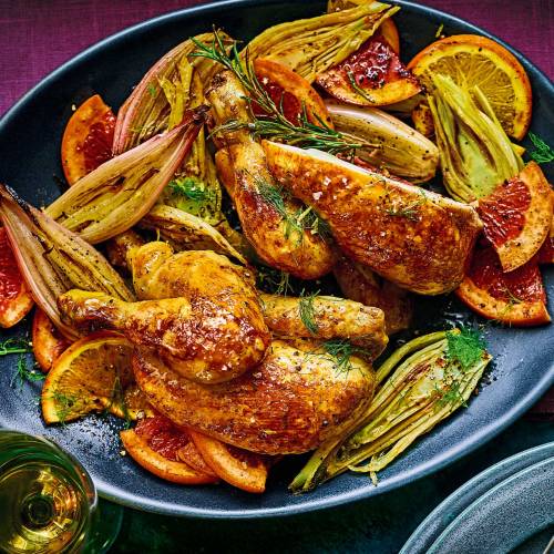 Winter citrus-brined roast poussin and fennel