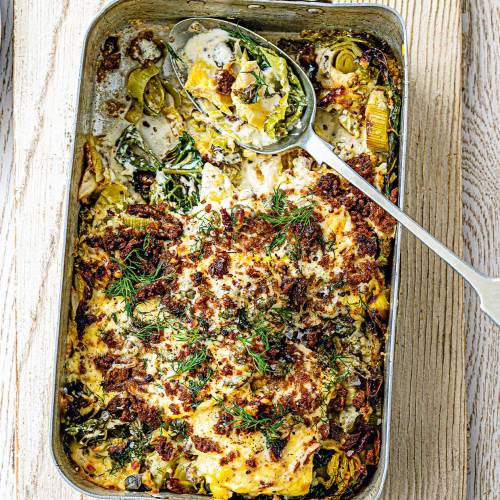 Smoked fish gratin with rye crumbs