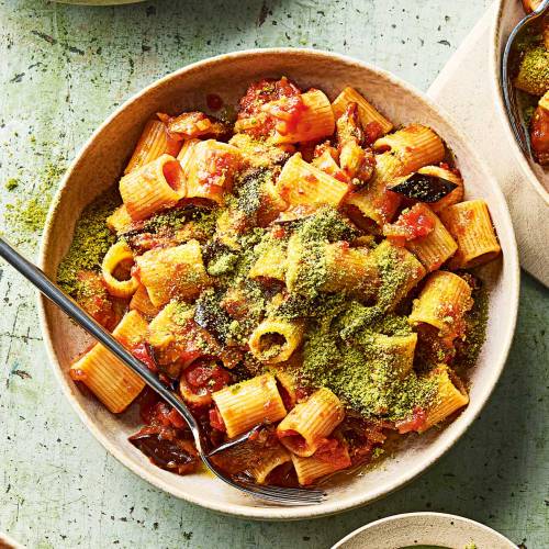 Pasta alla Norma with pesto crumbs