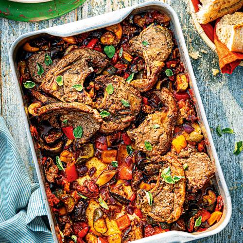 Lamb and ratatouille traybake