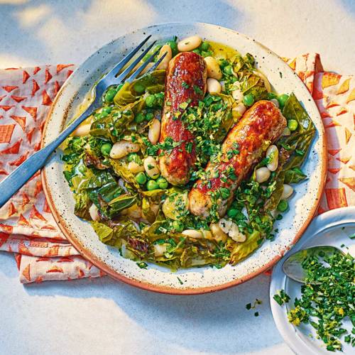 Speedy spring greens and sausage cassoulet