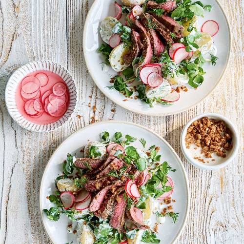 Steak and creamy potato salad with rye crumbs