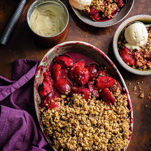 Boozy plum crisp with brown butter ice cream