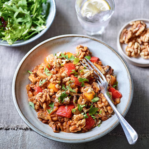 Lentil, vegetable and California walnut stew