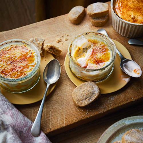 Coconut and passion fruit brûlées with ginger shortbread