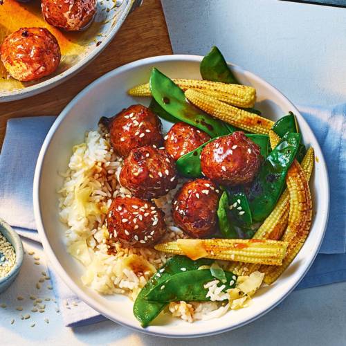 Sticky soy-glazed meatballs with ginger rice